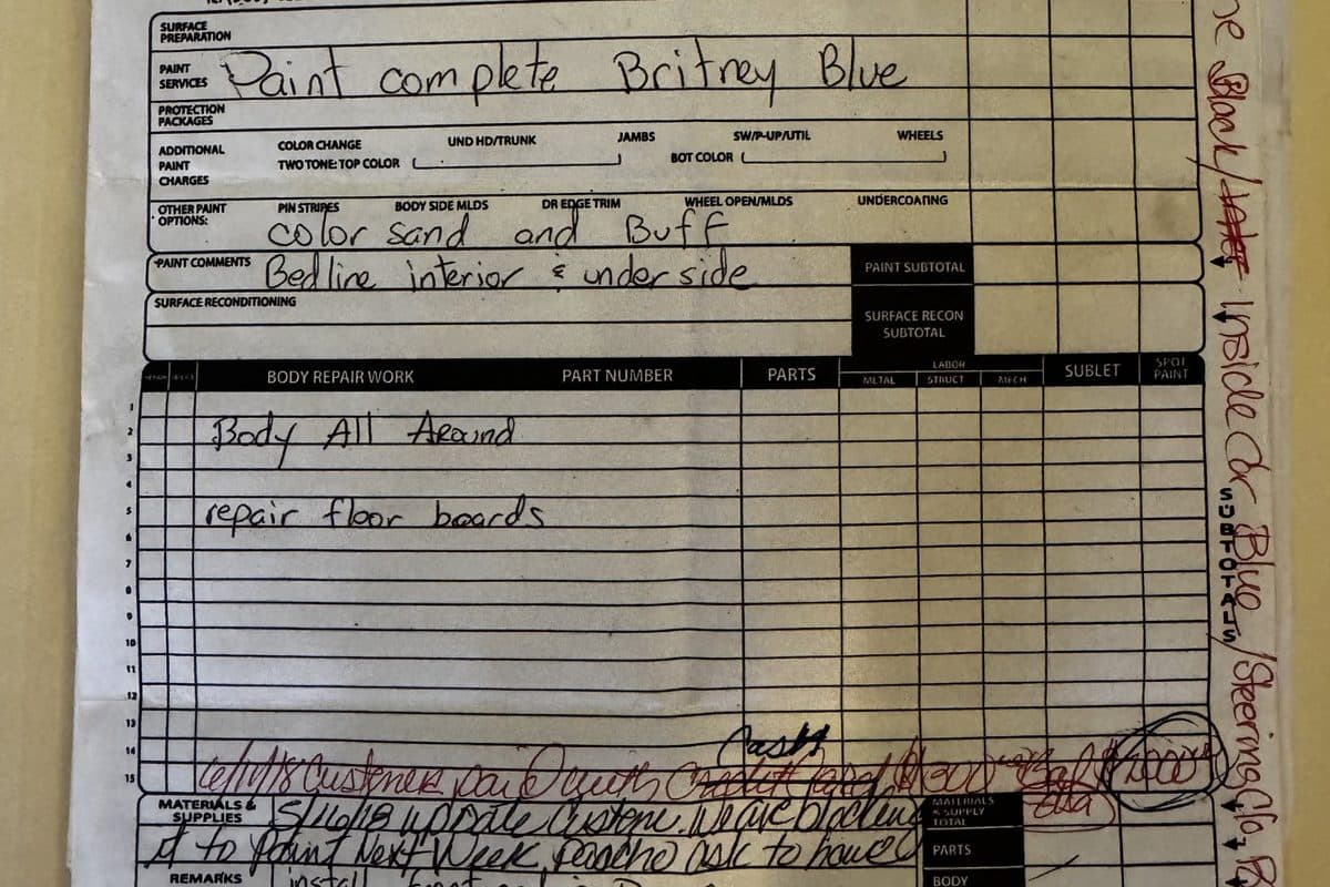 A real paint-and-body repair order for the '67